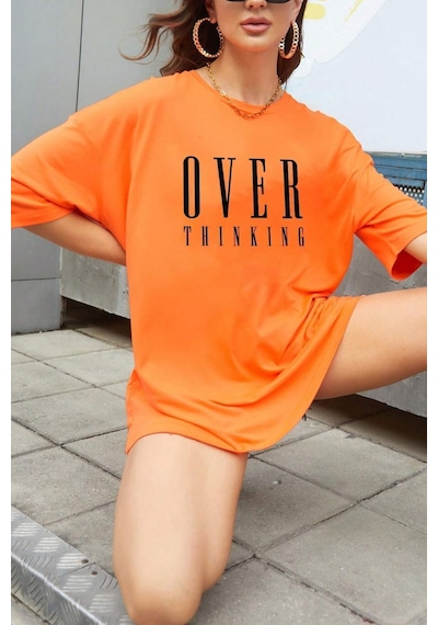Uyguntarz Unisex Over Thinking Baskılı Tasarım Tshirt Turuncu