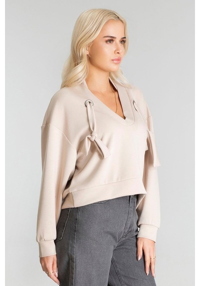 Kadın Modal Cupra Kumaş Kuşgözü Kordonlu Sweatshirt Bej