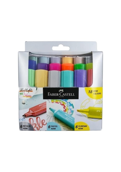 Faber-Castell 18'li Fosforlu Kalem Seti (6 Metalik+6 Pastel+6 Floresan) Çok Renkli
