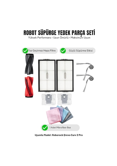 Roborock Qrevo Curv 2 Pro İle Uyumlu 1 Ana Fırça 2 Yan Fırça 2 Filtre 2 Toz Torbası 1 Temizlik Bezi 15.0