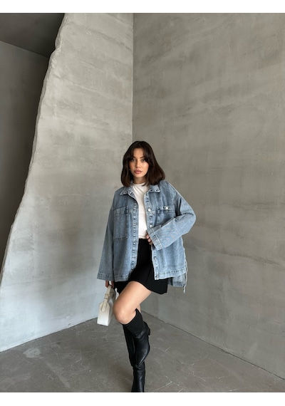 Esra Butik78 Açık Mavi Yıkamalı Oversize Kot Ceket Çift Cepli Salaş Denim Ceket