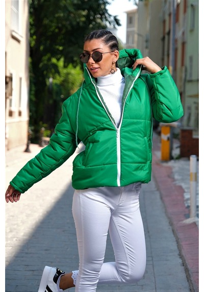 Keyifli Moda Kadın Yeşil Su Geçirmez Kapüşonlu Şişme Mont