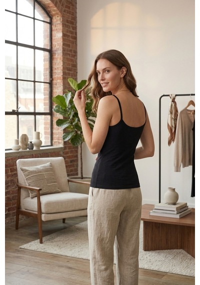 Mataş Kadın Pamuklu İp Askılı Slim Fit Yuvarlak Yaka Atlet Siyah