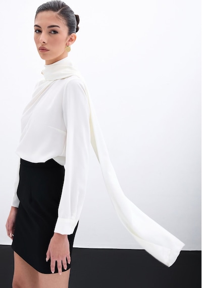 Sateen Şal Detaylı Bluz - Ekru-135956 Ekru