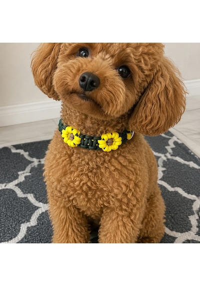 Pawknot Paracord Papatya Desenli Paracord El Yapımı Hand Made Köpek Tasması Açık Kahverengi - Yeşil - Sarı
