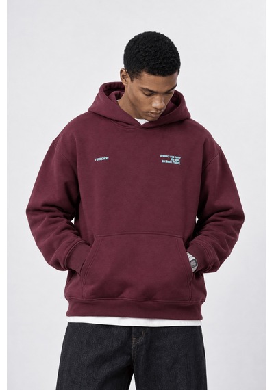 Respire Erkek Notbasic Baskılı Oversize Hoodie Bordo