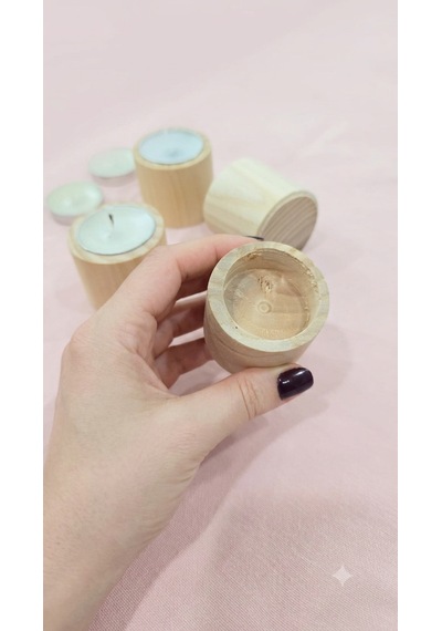 4'lü Doğal Ham Ahşap Tealight Mumluk Seti + 4 Adet Mum Hediyeli