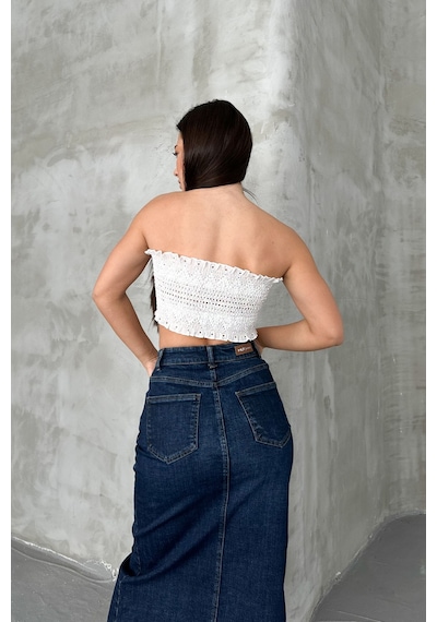 HLT Jeans Koyu Mavi Kadın Regular Fit Yüksek Bel Uzun Maxi Boy Denim Kot Etek Merry-4095 Koyu Mavi