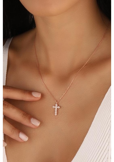 Taşlı Haç Gümüş Kolye Rose Gold