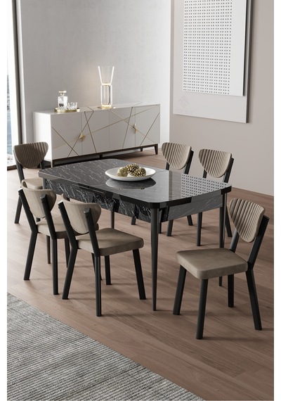 Canisa Exve Serisi 80x132 Açılabilir Siyah Mermer Desen Masa Takımı Ve 6 Cappucino Sandalye Masa Siyah Mermer Desen Sandalye Cappucino