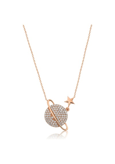 Papatya Silver Nano Zirkon Taşlı Gezegen Kolye Rose Altın Kaplama 925 Ayar Gümüş Kadın Kolye - UVPS100216