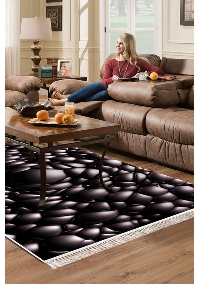 Kaymaz Dijital Mutfak & Salon Halı Trend Saçaklı Geometrik E5009 Siyah