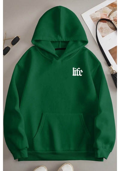 Oversize Life Baskılı Sweatshirt Yeşil
