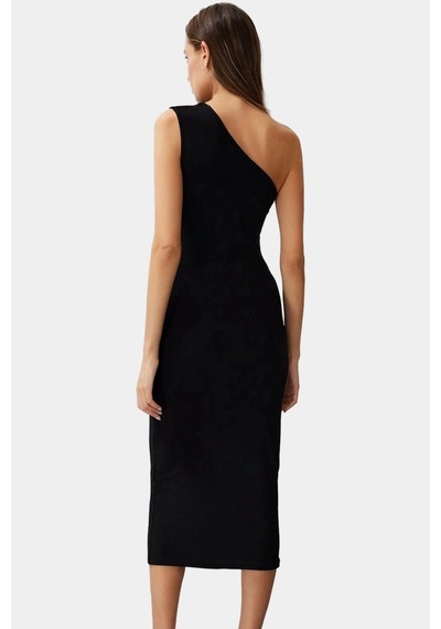 Ersefa Bodycon Midi Elbise Kolsuz Tek Omuz Örme Kumaş Günlük Şık Dayanık Siyah