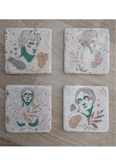 Line Art Heykel Portre Doğal Taş Bardak Altlığı 4'lü Set - Natural Stone Coasters - Taş Beyaz