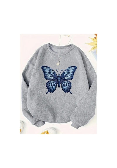 Herkesemoda Kelebek Desen Detaylı Bisiklet Yaka İçi Polarlı Sweatshirt Gri