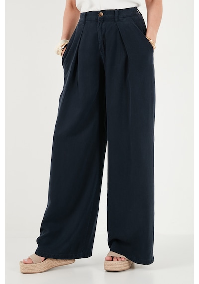 Lela Relaxed Fit Yüksek Bel Geniş Paça Pantolon Bayan Pantolon 668yp5515 Lacivert