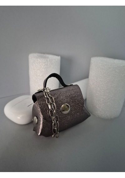 Gogo Charm Çanta Aksesuarı Mini Çanta Hakiki Deri Simli Gümüş