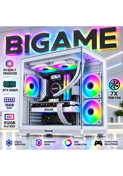 Bigame SAKURA-V1 R7-7800X3D 16 GB 512 GB M2 SSD RTX5060Ti Free Dos Masaüstü Oyuncu Bilgisayarı