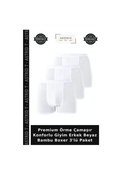 Astrid T Premium Örme Çamaşır Konforlu Giyim Erkek Beyaz Bambu Boxer 3'lü Paket