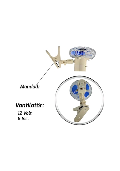 Carub Çap 18 CM Mandallı Döner Başlıklı 12V Araç Içi Fan Oto Vantilatör