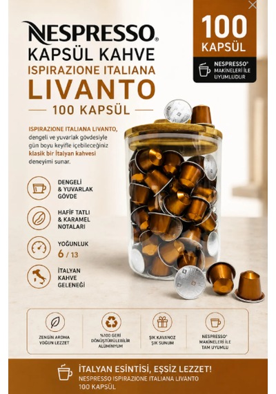 Nespresso Kapsül Kahve Livanto 100 Kapsül +cam Saklama Kutusu Hediyeli