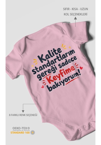 Morivokids Kalite Standartlarım Mesajlı Kısa Kollu Bebek Body %100 Pamuk Koyu Pembe