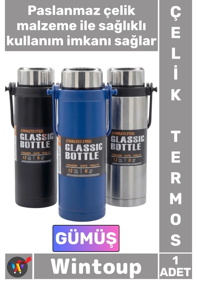 Termos Yalıtımlı Sızdırmaz Sağlam Kamp Outdoor Soğuk Sıcak Taşıma Kulplu Çelik Termos 800 Ml Gümüş Çok Renkli