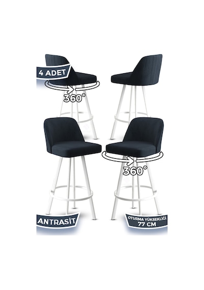 Canisa Atex Serisi 4 Adet Antrasit Sandalye 360 C Döner Bar Sandalyesi Babyface Kumaş Beyaz Metal Ayaklı Sandalye Antrasit Ayaklar Beyaz