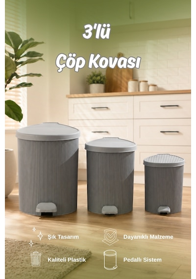 Porsima 0709 Stil 3lü Yuvarlak Pedallı İçi Kovalı Çöp Kovası Seti - Banyo Mutfak Çöp Kovası Takımı Antrasit