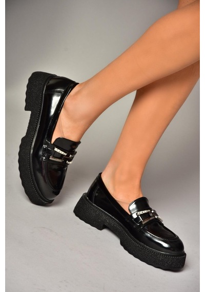 Fox Shoes T996198408 Siyah Rugan Kalın Tabanlı Makosen Kadın Ayakkabı Siyah-rugan Siyah