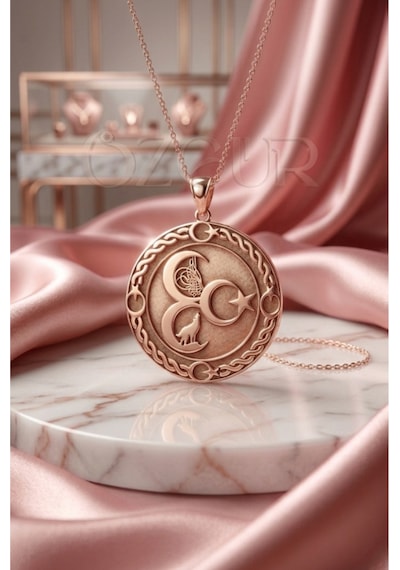 925 Ayar Gümüş Ay Yıldız, Tuğra Ve Bozkurt Motifli 3 Hilal Kolye Rose Gold