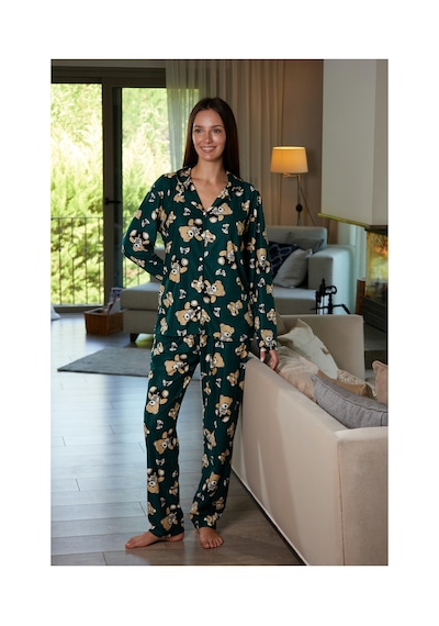Estiva Kadın Ayıcık Desenli Önden Düğmeli Süet Pijama Takımı Yeşil