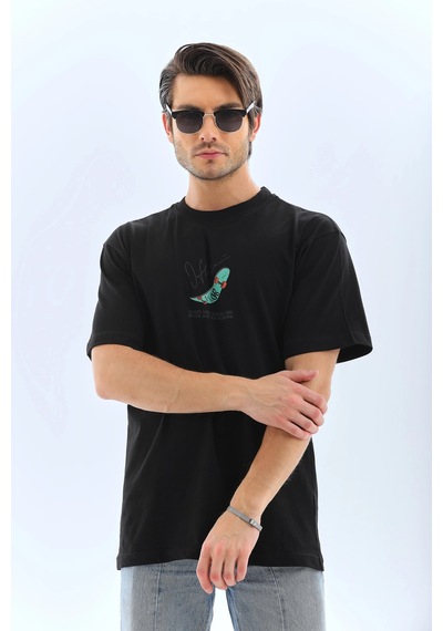 Erkek Kısa Kol Baskılı Bisiklet Yaka T-shirt - Siyah Siyah