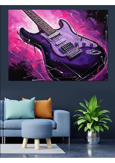 Ahşap Tablo Mor Işıklı Modern Elektro Gitar Obje Tabloları