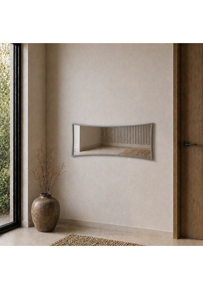 Modern Çerçeveli Boy Aynası 40x120 Cm Kavisli Minimalist Dekoratif Duvar Aynası Gri