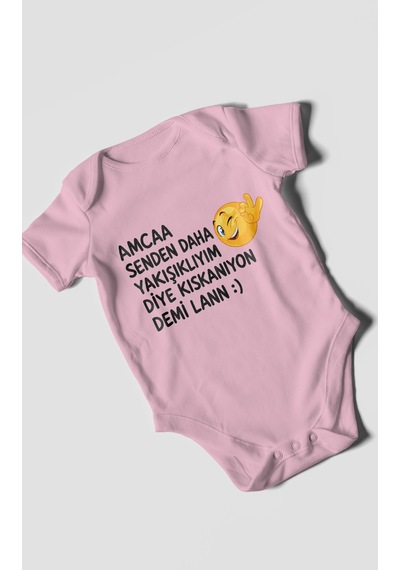 Morivokids Amaa Senden Daha Yazılı Kısa Kollu Bebek Body %100 Pamuk Koyu Pembe