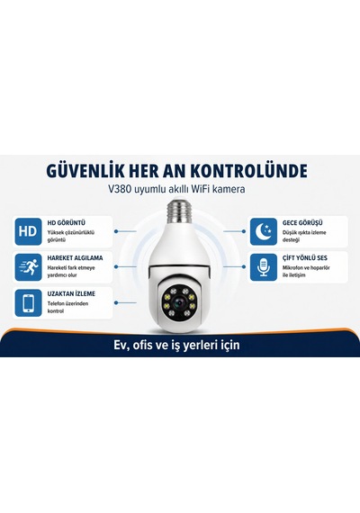 Blue Inter Ampul Tipi Wifi Güvenlik Kamerası E27 Duylu Döner Başlıklı Akıllı Kamera Uzaktan Canlı İzleme Telefon Kontrollü Gece Görüşlü