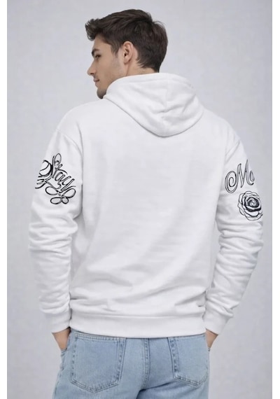 Defymoda Erkek 3 İplik Pamuklu Kapüşonlu Baskılı Sweatshirt Hoodie - Beyaz