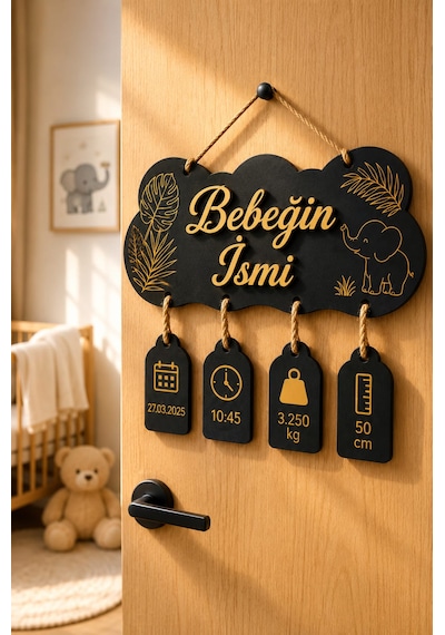 Kişiye Özel İsimli Bulut Ahşap Bebek Doğum Hediyesi - Balonlu Doğum Tarihi Saat Kilo Boy Etiketli Oda Kapı Önü Aksesuarı Süsü Siyah Gold