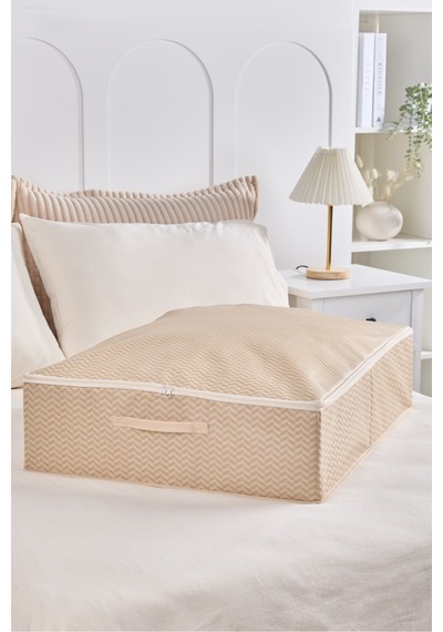Serstil Büyük Boy Baza Altı Kutu Hurç Kapaklı Fermuarlı Yatak Altı Düzenleyici Saklama Kutusu - 55x70x18cm Büyük Bej Martı