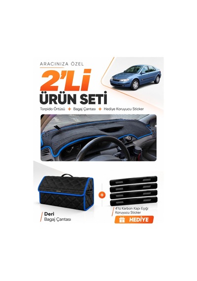 E-biz Renault Laguna 2 2002-2005 Uyumlu Torpido Örtüsü + Deri Bagaj Çantası - Siyah-mavi - Re033