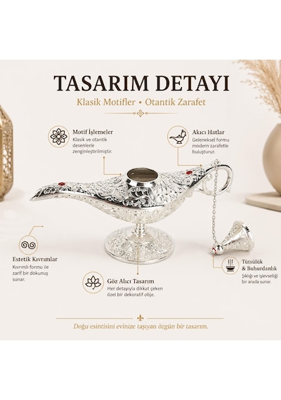 Lüks Alaaddin Sihirli Lamba 35 Cm Tütsülük Buhurdanlık Zamak İşlemeli Dekoratif Biblo Obje 01526515