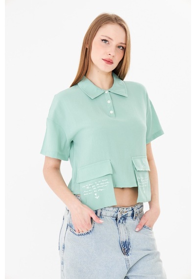 Sortie Collection Polo Yaka Yazı Baskılı Cep Detaylı Crop Bluz Mint MİNT