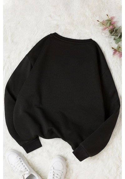 Unisex Sevimli Kedi Baskılı Bisiklet Yaka Sweatshirt Siyah