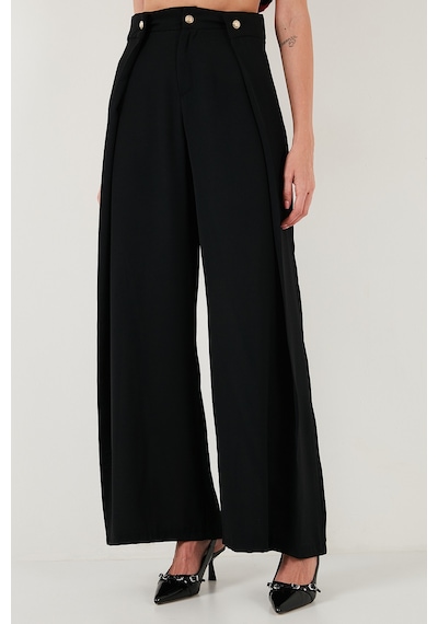 Lela Düğmeli Pile Detaylı Wide Leg Yüksek Bel Geniş Paça Bayan Pantolon 68351133 Siyah