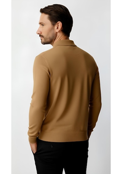 İgs Bej Standart Fit Dar Kalıp Polo Yaka Düz Uzun Kollu Triko-21901 Bej