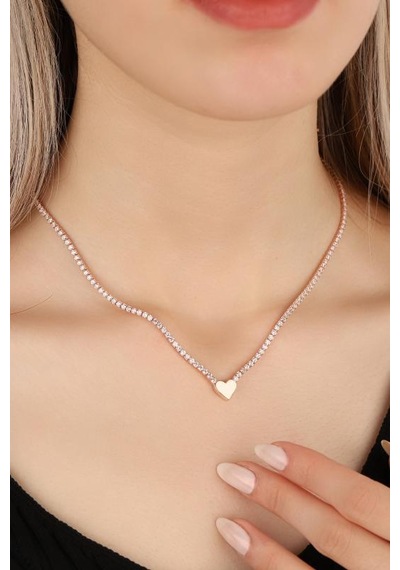 Beyaz Zirkon Taşlı Suyolu Zincirli Kalp Gümüş Kolye Rose Gold