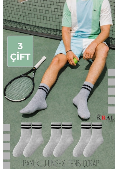 Kral Socks Erkek Kadın 3 Çift Çizgili Kolej Tenis Çorabı Pamuklu Terletmez Çorap Gri