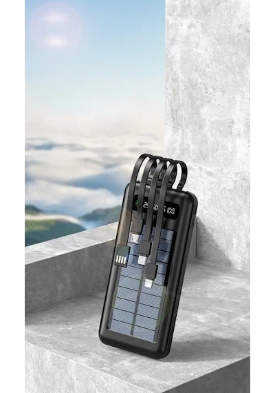 Powerbank10000 Mah Güneş Enerjili Göstergeli Powerbank Solar Fenerli Güneş Enerjili Type C - Lightning - Micro Usb - Usb Kablolu Senalstore Siyah